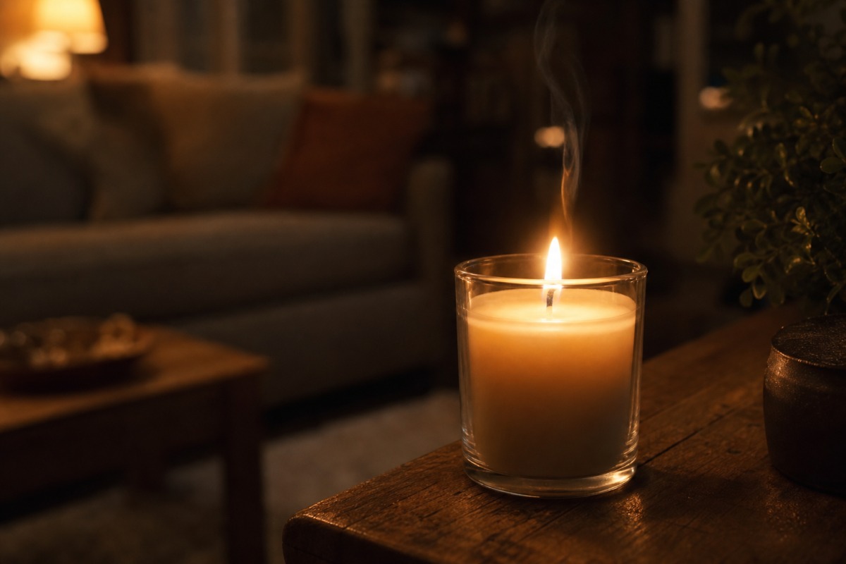 A burning candle in a glass vessel on a living-room table with a thin ribbon of smoke from the wick