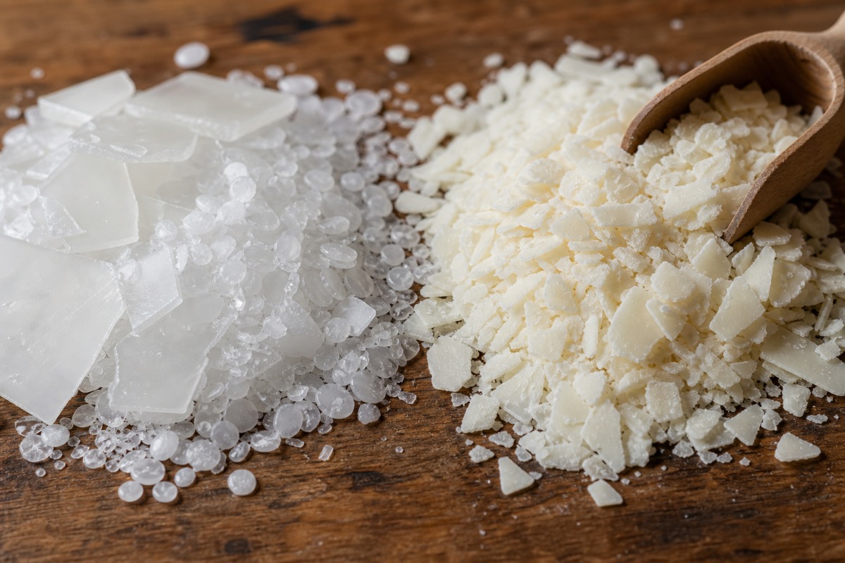 Shiny paraffin pellets beside matte creamy soy wax flakes on a wooden table