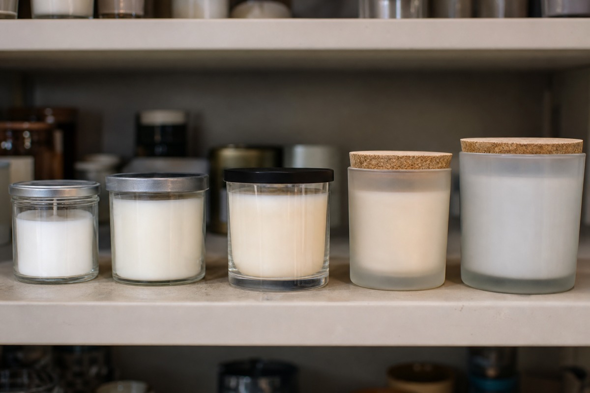 A row of five different glass candles in tumblers side by side on a store shelf