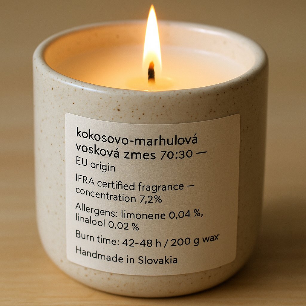 Hand-cast ceramic NOBAMO candle with an even yellow flame in a cozy interior, warm evening light
