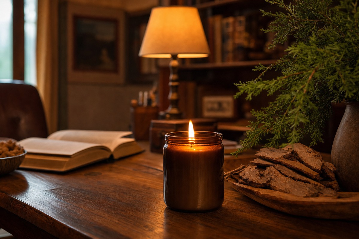 A woody candle on a desk beside an open book