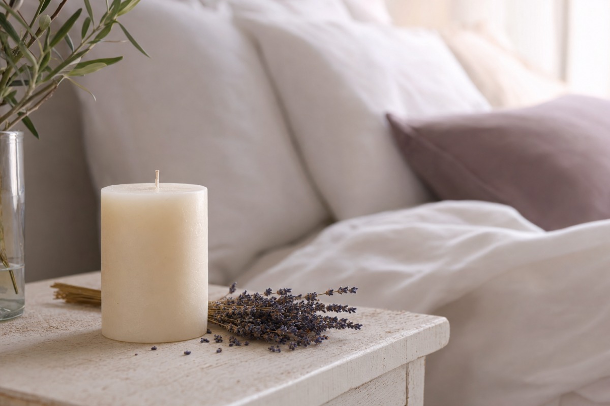 A delicate floral lavender candle on a bedside table in the bedroom