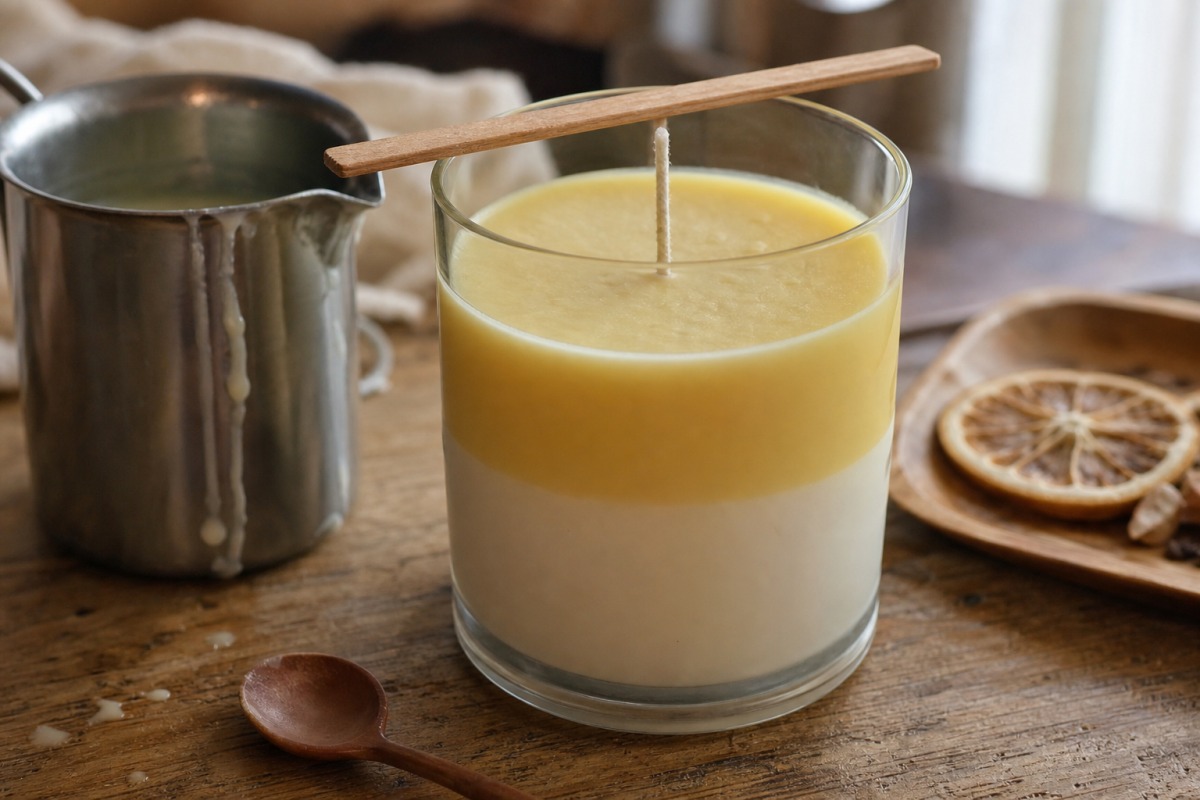 A homemade two-layer soy candle in a borosilicate glass with a wick held on a wooden stick, with dried lemon slices placed beside it