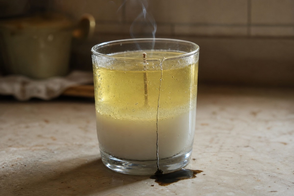 A thin glass tumbler holding a two-layer lemonade gel candle, with a long crack running from the base to the rim and a pool of oil on the surface below