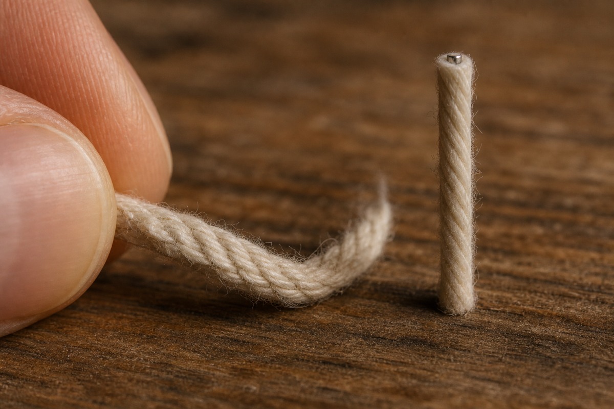 Macro comparison of a soft cotton wick and a stiff wick with a metal core