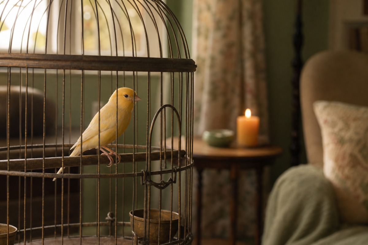 A yellow canary in a cage, with a burning candle on a living-room table blurred in the background