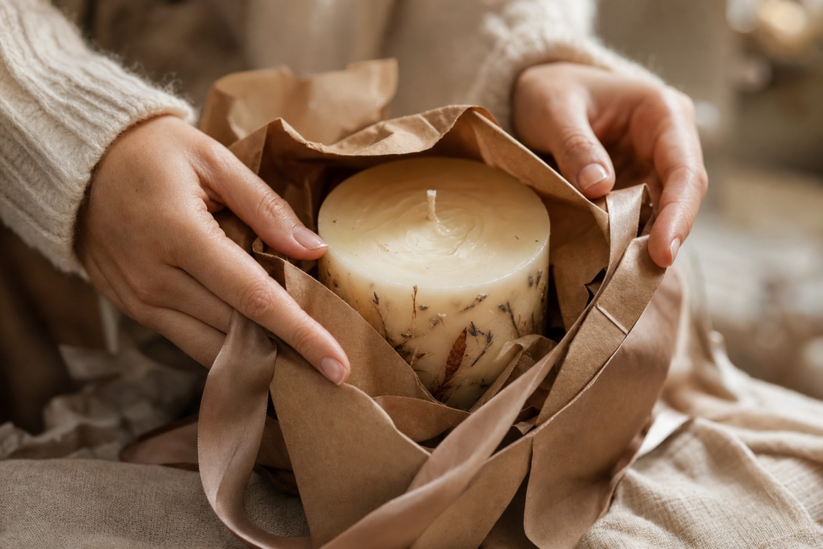 Close-up of hands unwrapping a handmade candle from gift paper