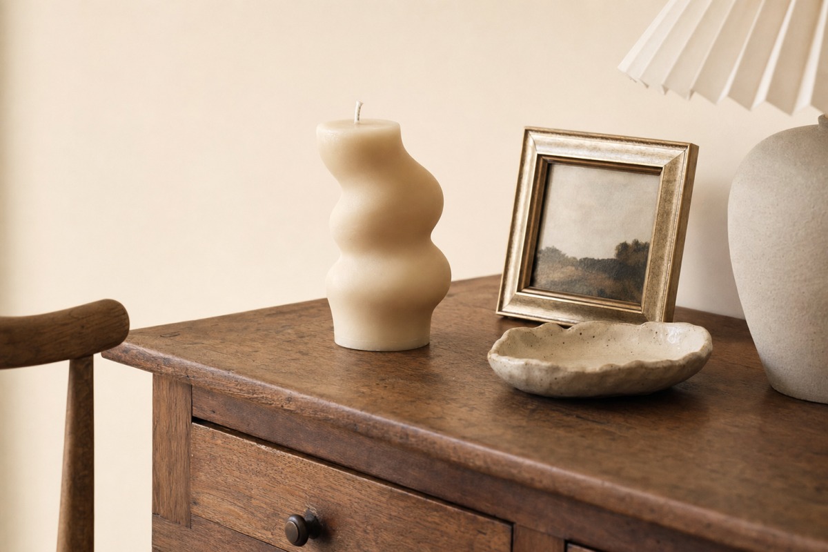 An unlit handmade candle standing as a decorative piece on a chest of drawers