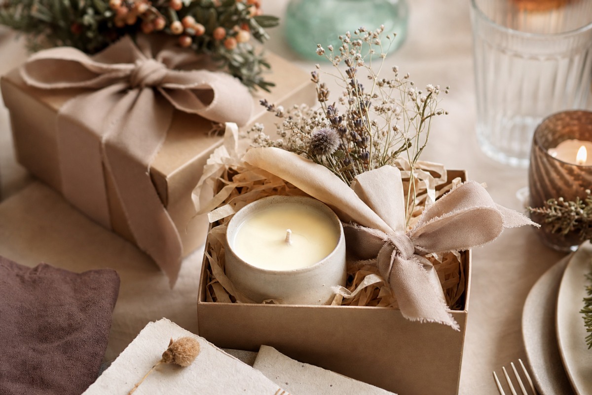 A handmade candle set out as a gift on a festive table