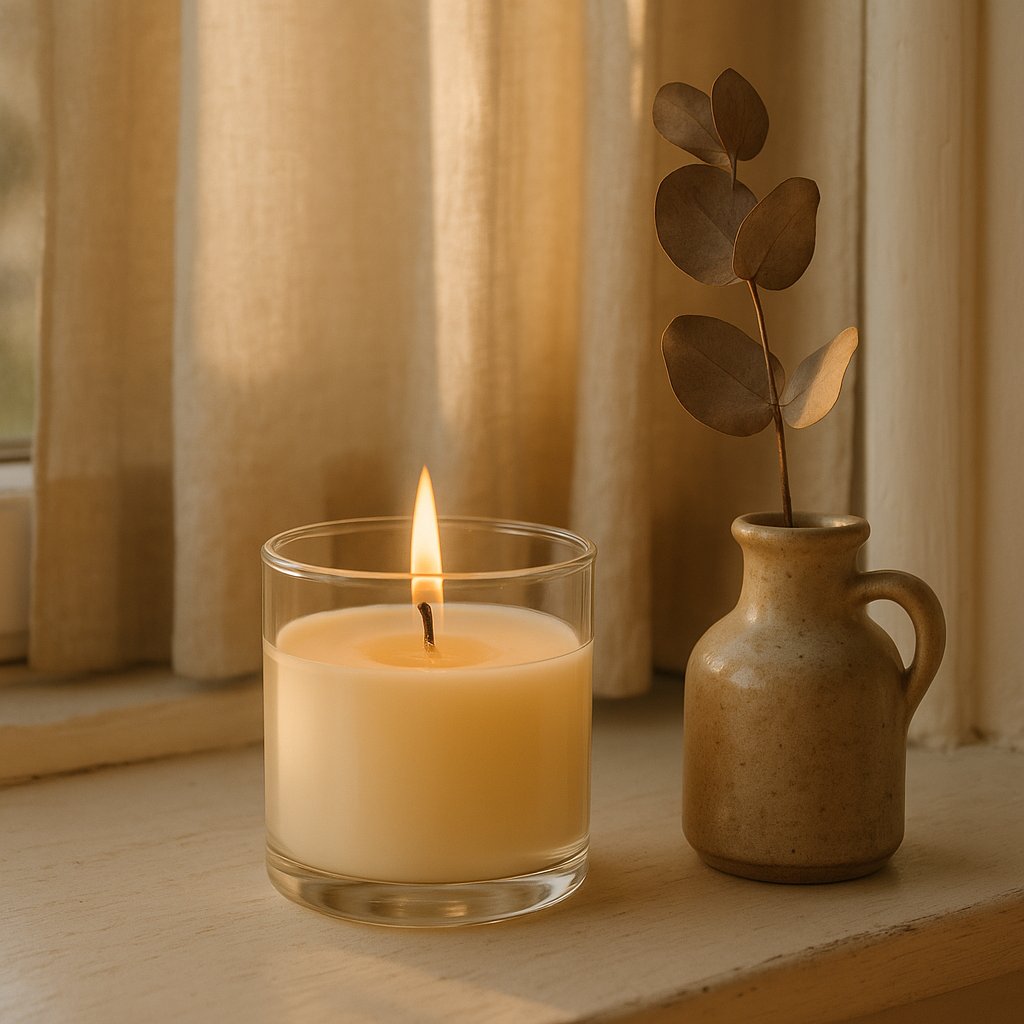 More durable borosilicate candle with flame near the window edge