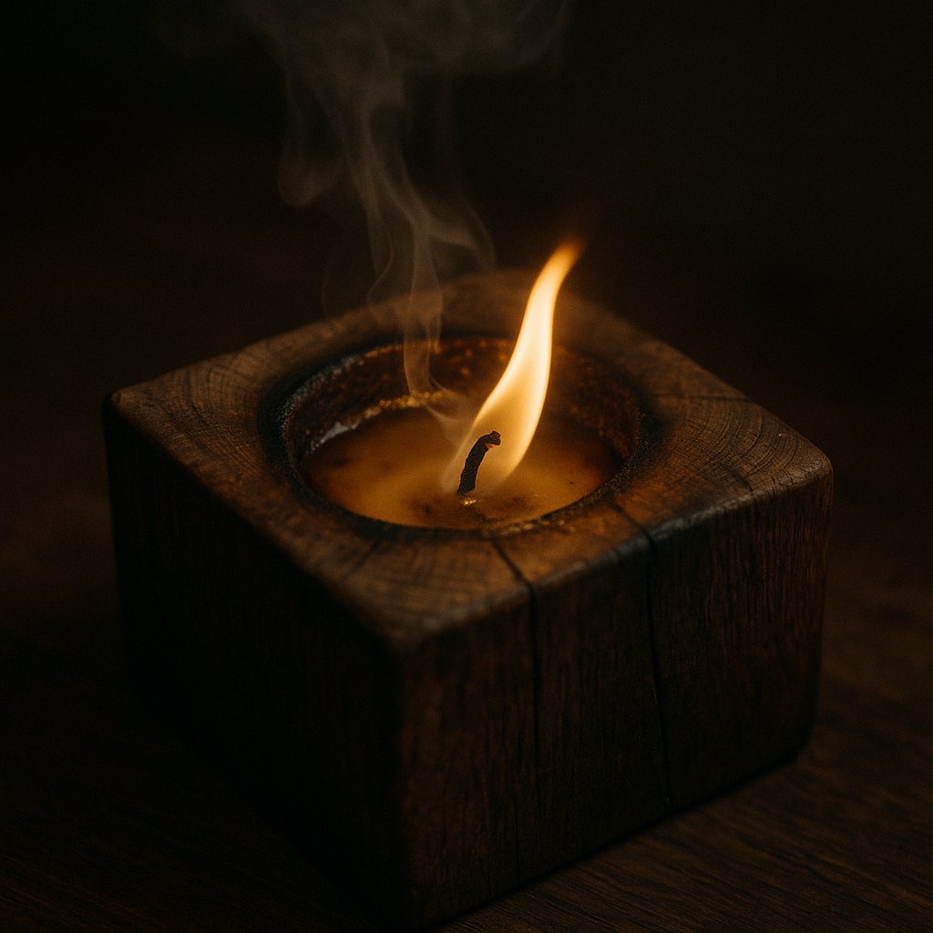 Wooden block with smoldering burn after several hours