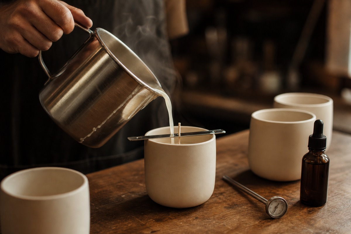 Hands pouring warm creamy soy wax into a ceramic vessel with a centred cotton wick, a small bottle of fragrance oil beside it