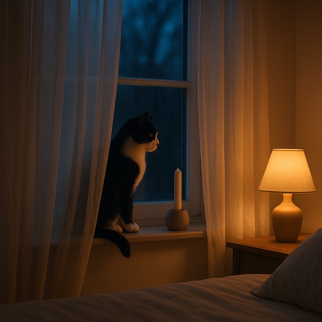 Cat sleeping on a woolen blanket by the window in the living room with muted morning light, a candle in the background on a high shelf at a safe distance