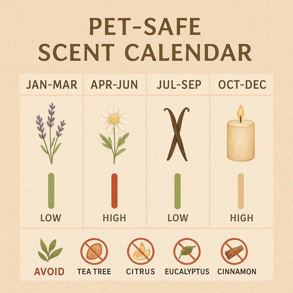 Quarterly pet-safe calendar of 5 safe scents and 4 toxic oils with marked seasons