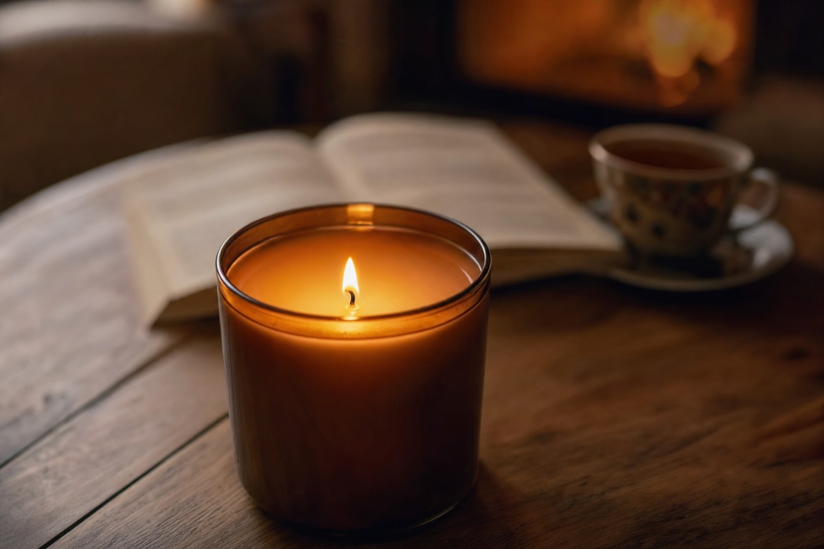 A natural candle after many hours of burning, with evenly melted wax