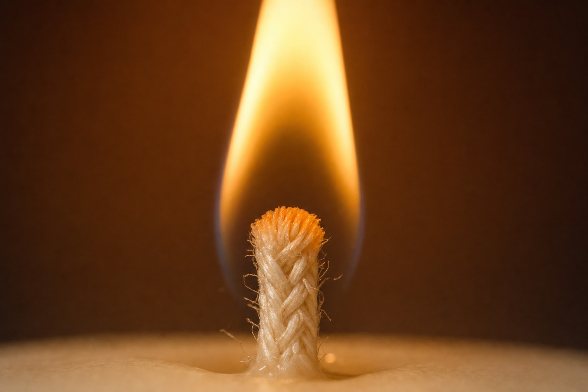 Close-up of a cotton wick burning soot-free