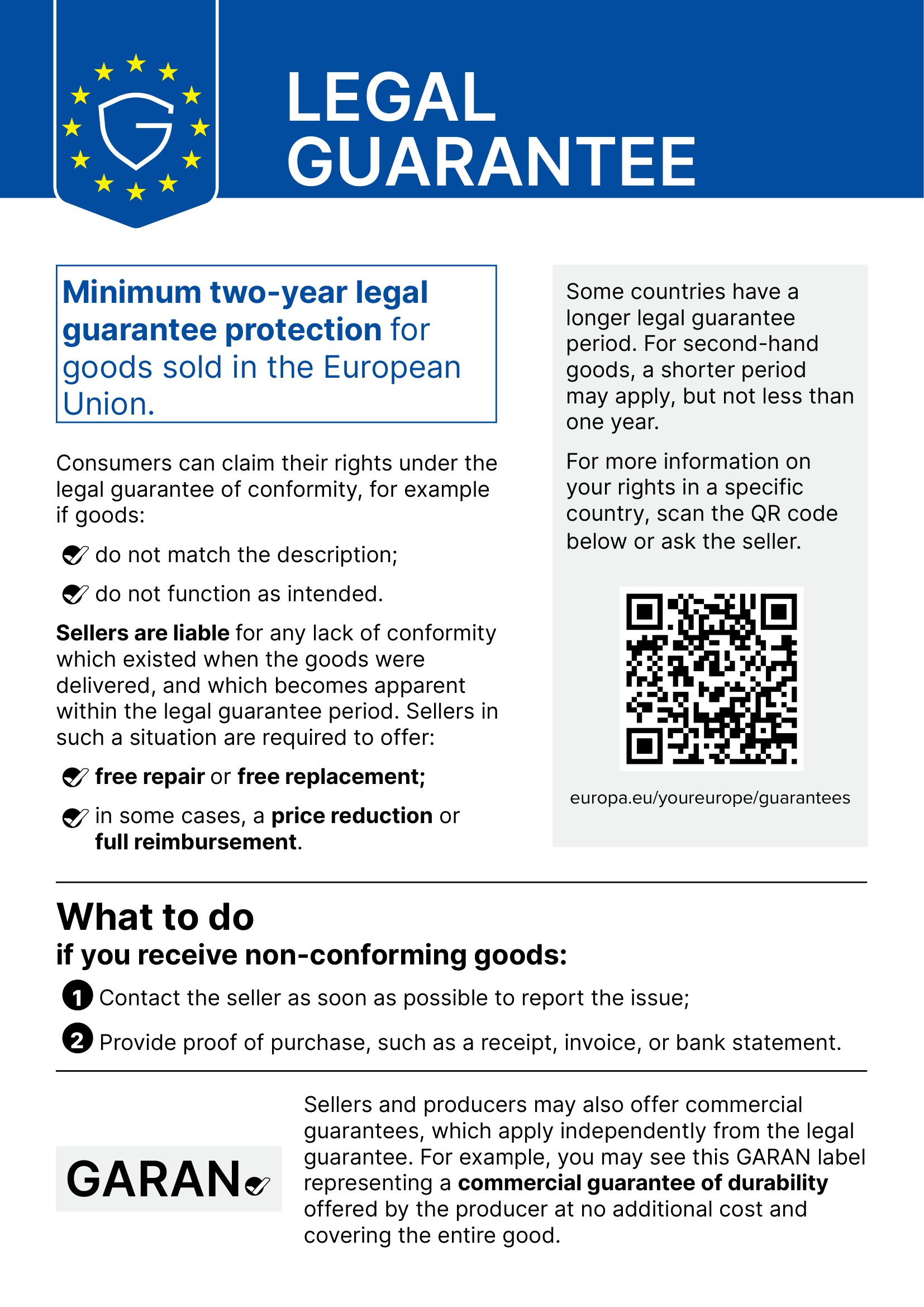 Notification of the statutory two-year warranty of conformity in the EU