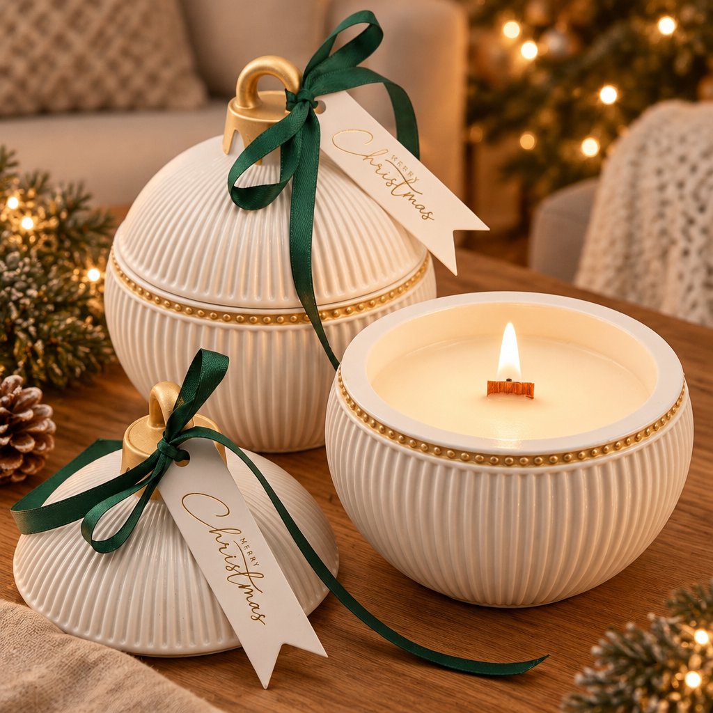 Christmas Bauble Elegance Candle - White / Gold / Winter Magic